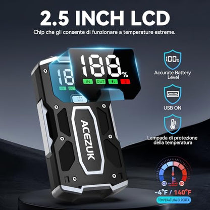 Tragbarer 5000-A-Starthilfe-Booster für Autos und Motorräder (bis 7,0 l Benzin / 5,5 l Diesel) mit LED-Licht und LCD-Display