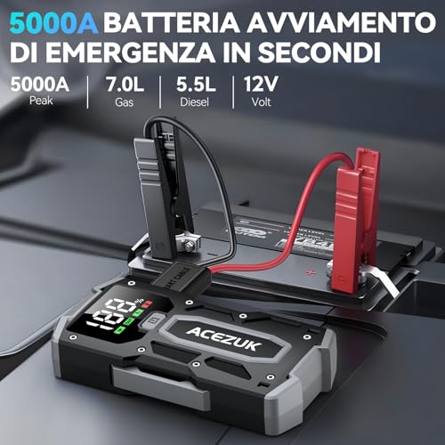 Tragbarer 5000-A-Starthilfe-Booster für Autos und Motorräder (bis 7,0 l Benzin / 5,5 l Diesel) mit LED-Licht und LCD-Display
