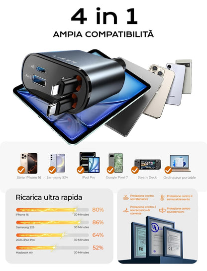 USB-C 69W Kfz-Ladegerät mit einziehbarem Kabel und PD 3.0 – 4-in-1 Schnellladefunktion für den Zigarettenanzünder im Auto, kompatibel mit iPhone, Samsung und mehr