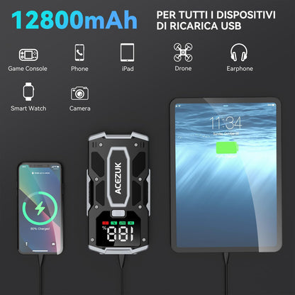 Tragbarer 5000-A-Starthilfe-Booster für Autos und Motorräder (bis 7,0 l Benzin / 5,5 l Diesel) mit LED-Licht und LCD-Display