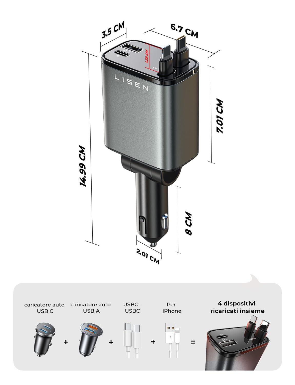 USB-C 69W Kfz-Ladegerät mit einziehbarem Kabel und PD 3.0 – 4-in-1 Schnellladefunktion für den Zigarettenanzünder im Auto, kompatibel mit iPhone, Samsung und mehr