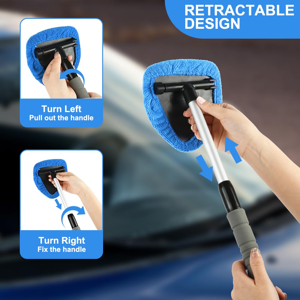 Car Windshield Cleaner – Retractable Cleaning Brush with 5 Microfiber Pads & Spray Bottle – Window, Mirror & Screen Cleaner