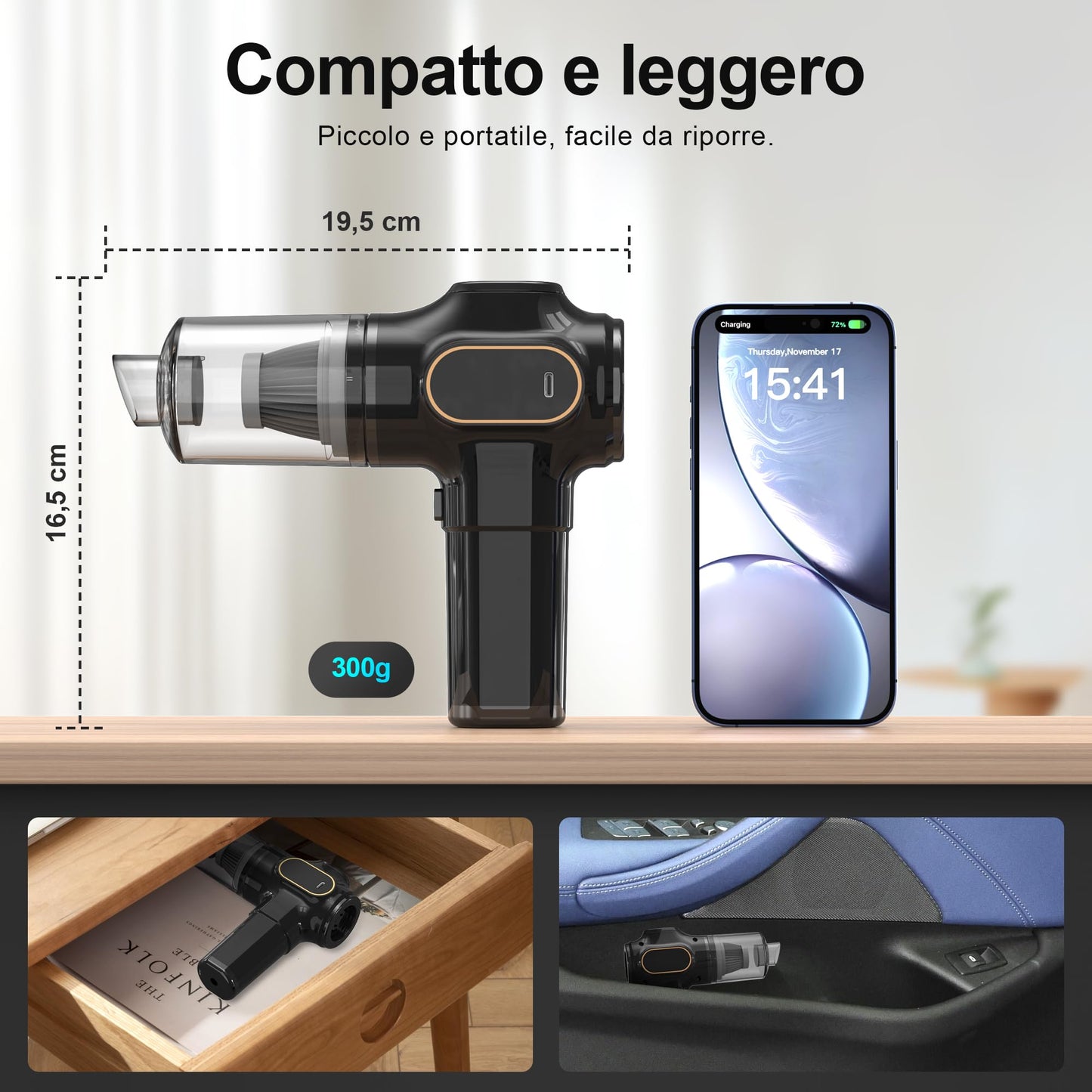 Mini Portable Car Vacuum Cleaner 15000Pa – Cordless, Rechargeable, HEPA Filter, 3-in-1 Vacuum, Inflate & Blow