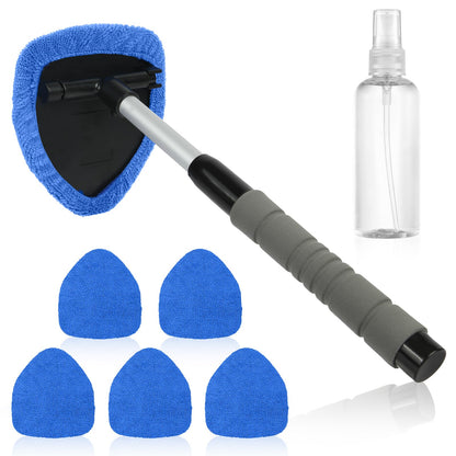 Car Windshield Cleaner – Retractable Cleaning Brush with 5 Microfiber Pads & Spray Bottle – Window, Mirror & Screen Cleaner