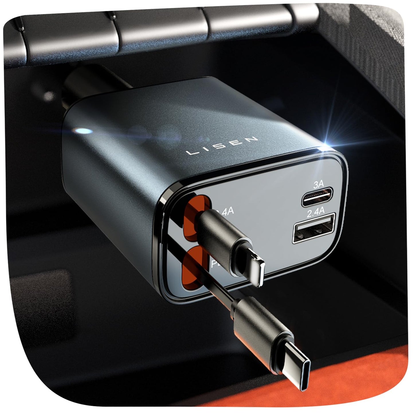 USB-C 69W Kfz-Ladegerät mit einziehbarem Kabel und PD 3.0 – 4-in-1 Schnellladefunktion für den Zigarettenanzünder im Auto, kompatibel mit iPhone, Samsung und mehr