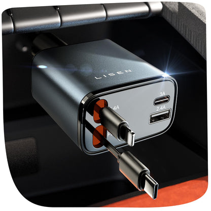 USB-C 69W Kfz-Ladegerät mit einziehbarem Kabel und PD 3.0 – 4-in-1 Schnellladefunktion für den Zigarettenanzünder im Auto, kompatibel mit iPhone, Samsung und mehr