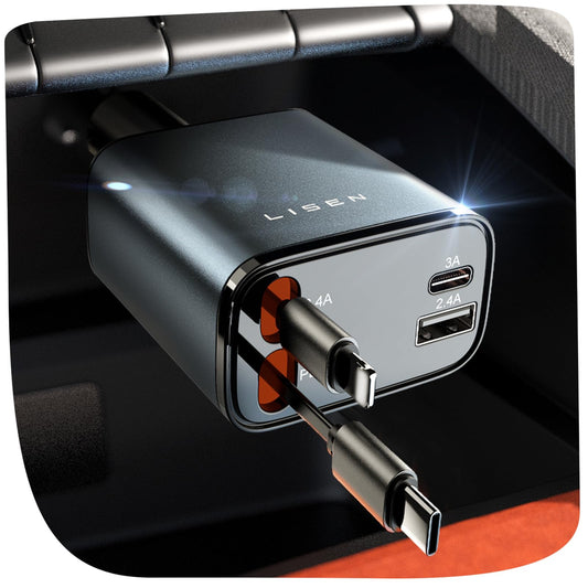 USB-C 69W Kfz-Ladegerät mit einziehbarem Kabel und PD 3.0 – 4-in-1 Schnellladefunktion für den Zigarettenanzünder im Auto, kompatibel mit iPhone, Samsung und mehr