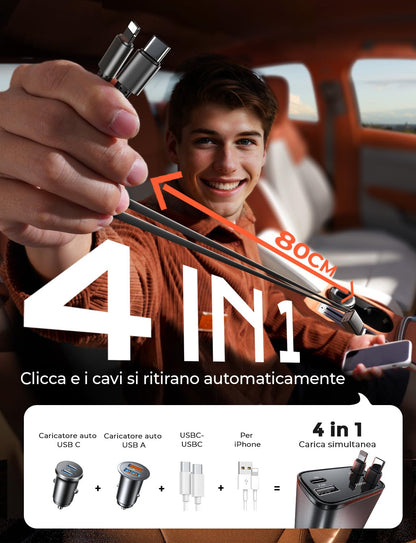 USB-C 69W Kfz-Ladegerät mit einziehbarem Kabel und PD 3.0 – 4-in-1 Schnellladefunktion für den Zigarettenanzünder im Auto, kompatibel mit iPhone, Samsung und mehr