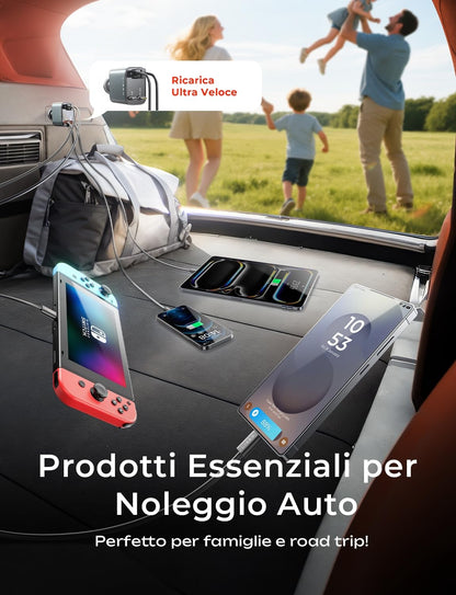 USB-C 69W Kfz-Ladegerät mit einziehbarem Kabel und PD 3.0 – 4-in-1 Schnellladefunktion für den Zigarettenanzünder im Auto, kompatibel mit iPhone, Samsung und mehr