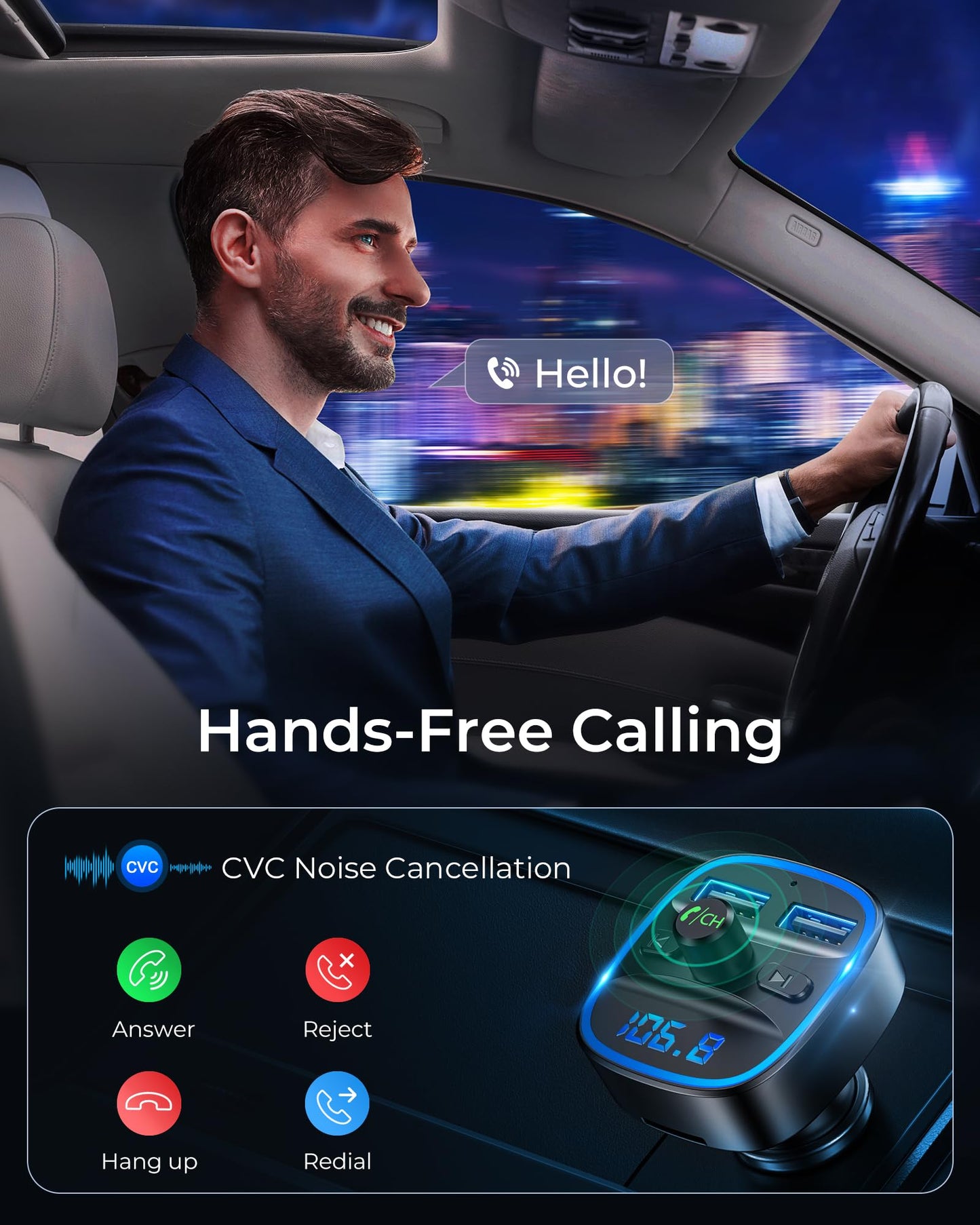 Bluetooth-FM-Transmitter fürs Auto – Freisprecheinrichtung, MP3-Player, Dual-USB-Autoladegerät