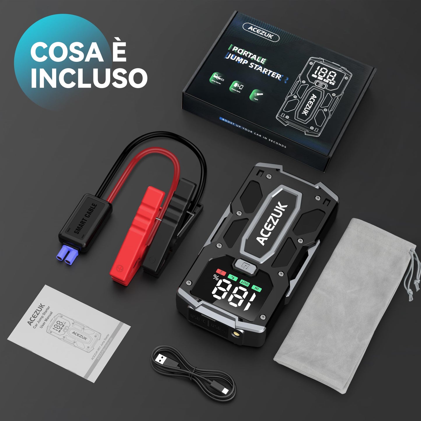 Tragbarer 5000-A-Starthilfe-Booster für Autos und Motorräder (bis 7,0 l Benzin / 5,5 l Diesel) mit LED-Licht und LCD-Display