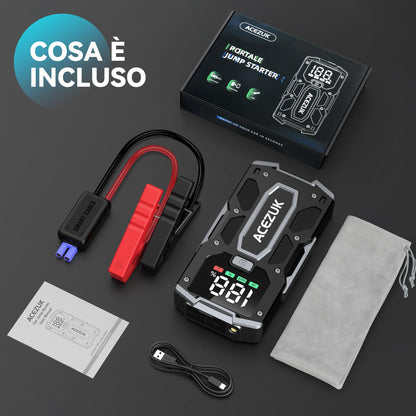 Tragbarer 5000-A-Starthilfe-Booster für Autos und Motorräder (bis 7,0 l Benzin / 5,5 l Diesel) mit LED-Licht und LCD-Display