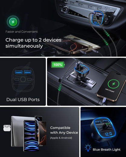 Bluetooth-FM-Transmitter fürs Auto – Freisprecheinrichtung, MP3-Player, Dual-USB-Autoladegerät